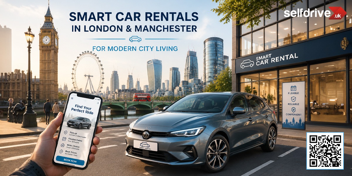 A sleek car is parked outside a "Smart Car Rental" with a cityscape of London, including Big Ben. A hand holds a phone displaying a car rental app.